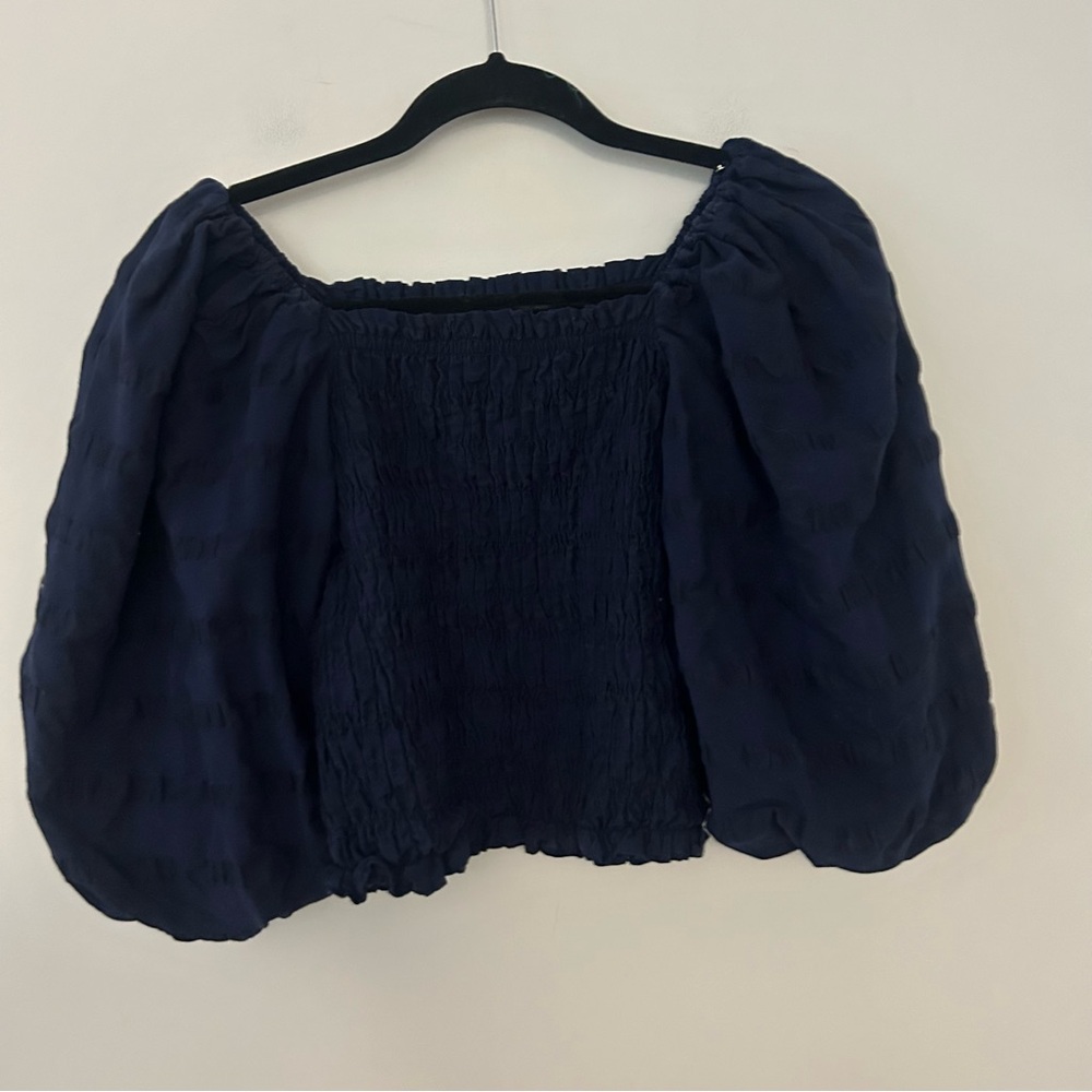 Anthropologie Maeve Bree Milkmaid Shirred Puff Sleeve Navy Blue Top - Picture 3 of 5
